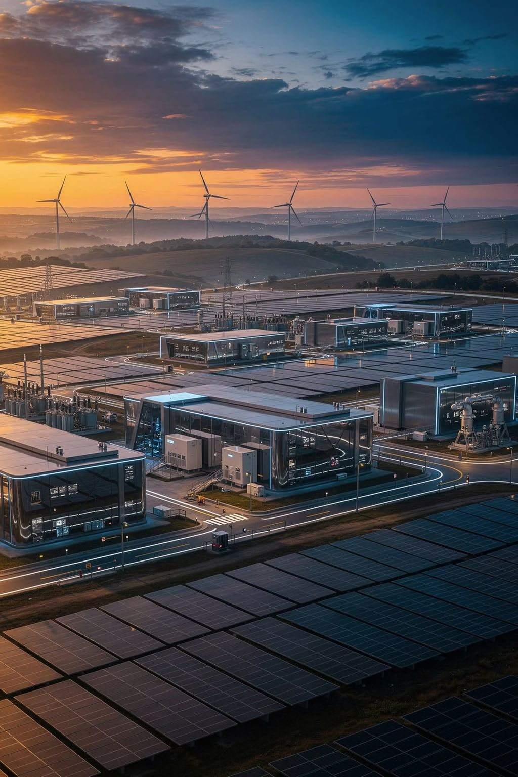 Vista aérea de usina solar, turbinas eólicas e módulos de armazenamento ao entardecer