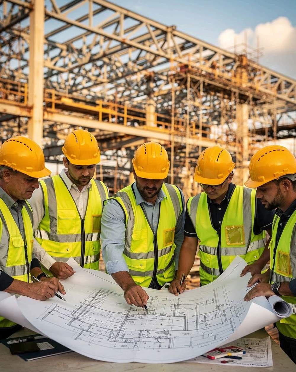 Equipe de engenharia da Auruns analisando plantas técnicas em obra
